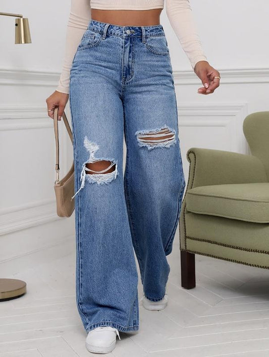 High Waist Ripped Wide Leg Baggy Jeans Distressed Denim PantsY2K
