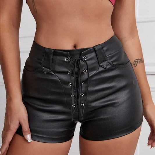 High Waisted Faux Leather Shorts Drawstring Lace Up Festival Rave ShortsY2K
