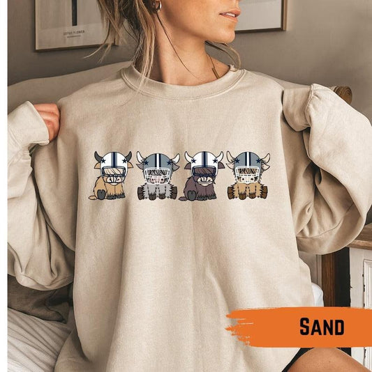 Highland Cow Football Crewneck, Dallas Highland Cow Football Sweatshirt, Cute Cow Sweater, Dallas Tx Sweatshirt