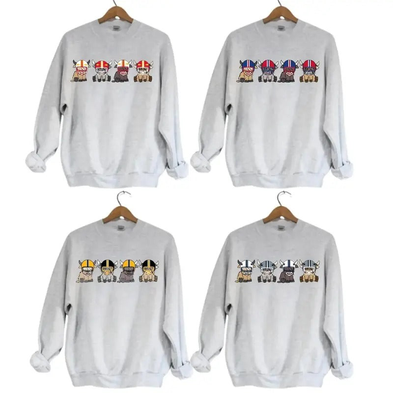 Highland Cow Football Sport Grey Team Football  Lovers Gift Unisex Crewneck Hoodie Sweatshirt