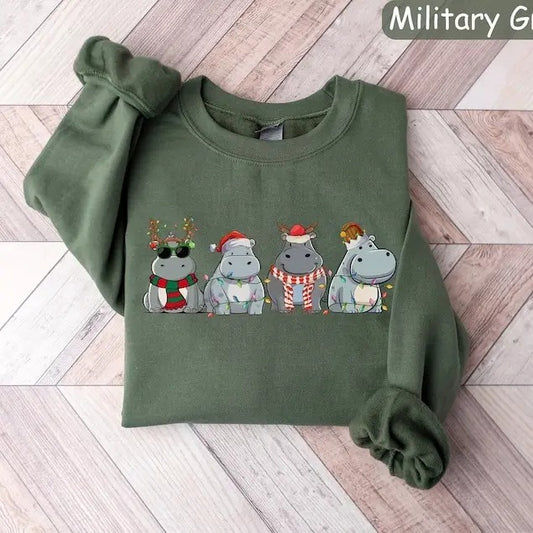 Hippopotamus Christmas Sweatshirt, Retro Hippo Christmas Shirt, Holiday Sweaters, Christmas Gift, Christmas Crewneck, Womens Christmas Shirt