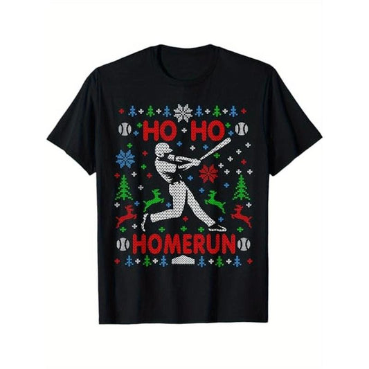 Ho Ho Homerun baseball ugly Christmas sweater party batsman T-shirt, 100% cotton, Halloween Thanksgiving Christmas gift, suitable for men, women, family and friends made in usa