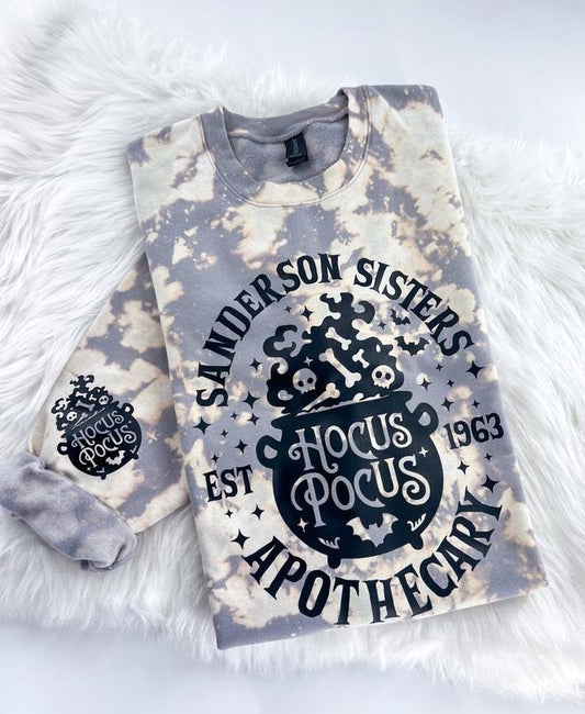 Hocus Pocus Apothecary Halloween Witch Bleached Graphic Sweatshirt or Hoodie with Sleeve Print Unisex  Womenswear Crewneck Casual Tshirt Top