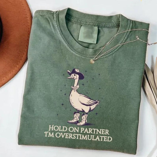 Hold On Partner Im Overstimulated Tee, Cowboy Duck Shirt Unhinged Tshirt, Cowboy Frog Shirt, Wierdcore Tshirt, Western Duck, funny meme