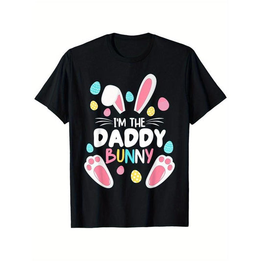 [Holiday Cheer] I'm The Daddy Bunny" Matching Family Easter T-Shirt - Cotton, Round Neck, Short Sleeve, Black with Colorful Bunny Ears & Paw Print Design - Perfect for Men, Women, and Youngsters, made in usa
