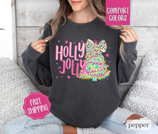 Holly Jolly Christmas Comfort Colors Sweatshirt,  Coquette Christmas Sweater Womenswear,  Holiday Crewneck