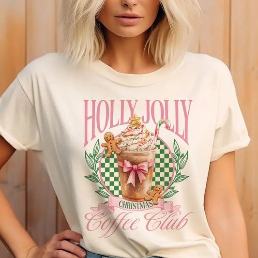 Holly Jolly Coffee Club Tee Christmas Holly Jolly Coffee Sweatshirt Holiday Coquette Coffee Tshirt Womens Pastel Holiday Shirt Coffee Lovers Tees Holly Jolly Christmas Top Christmas Party Tee