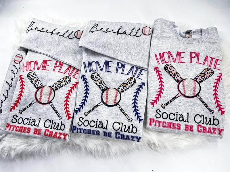 Home Plate Social Club Baseball Sweatshirt or Hoodie with sleeve print and three color color options Fabric Womenswear Unisex Comfy Tops