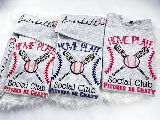 Home Plate Social Club Baseball Sweatshirt or Hoodie with sleeve print and three color color options Fabric Womenswear Unisex Comfy Tops