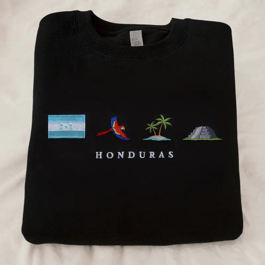 Honduras Embroidery Sweatshirt, Cozy, Black, Guacamaya Roja, Copán, Maya, Roatán, Bay Islands, Coral Reef, Baleada, Garifuna, Tegucigalpa, Punta, Lenca, Ceiba, Caracol, Conch, Horchata, Marimba, Guanaja, Lempira, Flag, Gift, Symbol, Stitch Crewneck Unisex