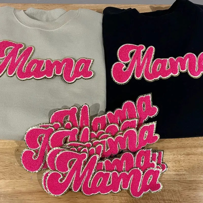 Hot pink and gold Mama Chenille Sweatshirt unisex sizing