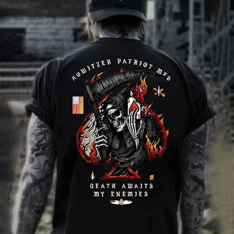 Howitzer Patriot MFG Death Awaits My Enemies Back Side Printed T-shirt - Crewneck Sweatshirt - Hoodie, Howitzer Patriot Streetwear, Workwear