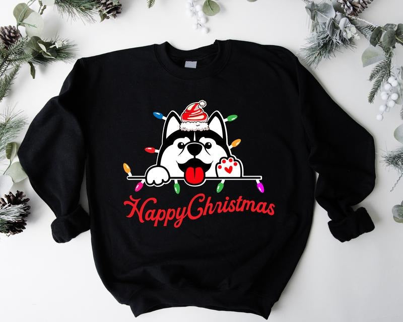 Husky Christmas Sweatshirt, Happy Christmas Sweater, Dog Christmas Hoodie, Dog Lover Gift Sweatshirt, Pet Owner Long Sleeve, Christmas Light Sweatshirt.