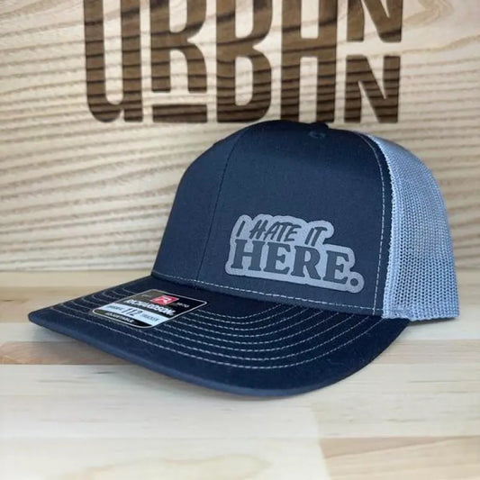 I Hate It Here Custom Leatherette Patch Trucker Style and Evolve Ponytail Hats trucker hat unique gift unisex hat and knit beanies