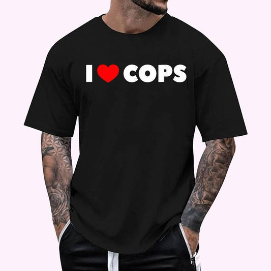 I Love Heart Cops Graphic T-Shirt - Men's Regular Fit Letter Graphic Round Neck Tee, Casual Short Sleeve, Crew Neck Shirt for Summer, Fashion Men's Top for daily Wear, Graphic Tees