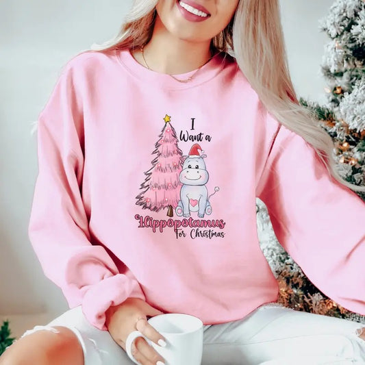 I Want A Hippopotamus For Christmas Sweatshirt, Christmas Hippopotamus Shirt, Pink Christmas Tree Shirt, Hippo Christmas, Holiday Apparel