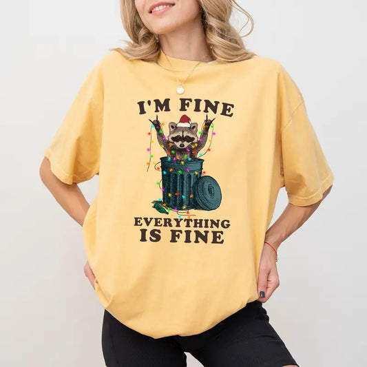 I'm Fine Everything Is Fine Christmas Shirt Comfort Colors, Funny Raccoon Tee, Christmas Gifts, Holiday Women's Tops, Comfy Womenswear