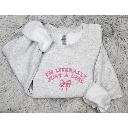 I'm Literally Just a Girl Embroidered Coquette Bow Sweater, Hoodie, Tee, Vintage Retro 90s Pink Y2K Dainty Bow Girly Fairycore , Global Trending Outfits