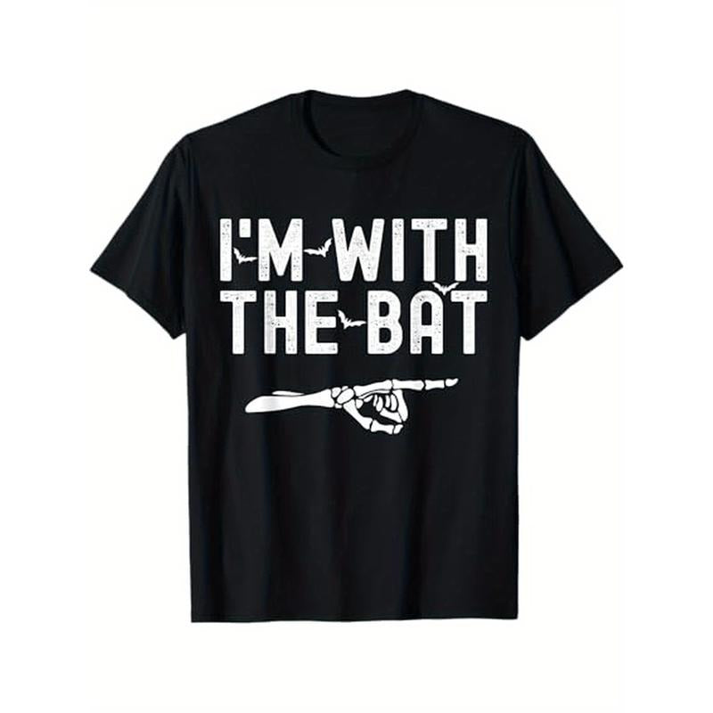 I'm With The Bat Funny Skeleton Halloween Matching Couple T-Shirt Men'S fashionable daily versatile T-shirt,  Christmas sports T-shirt, Valentine'S Day gift, boyfriend gift, girlfriend gift, cartoon T-shirt, letter T-shirt, Black Fr made in usa