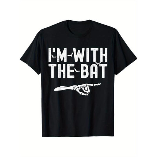 I'm With The Bat Funny Skeleton Halloween Matching Couple T-Shirt Men'S fashionable daily versatile T-shirt,  Christmas sports T-shirt, Valentine'S Day gift, boyfriend gift, girlfriend gift, cartoon T-shirt, letter T-shirt, Black Fr made in usa
