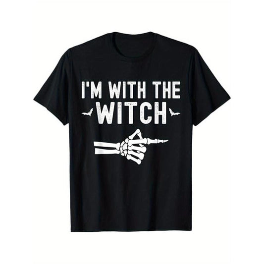 I'm With The Witch Funny Skeleton Halloween Matching Couple T-Shirt, 100% Cotton, Halloween Thanksgiving Christmas Gift for Men Women Dad Mom Friends, S-XXXL, Black made in usa