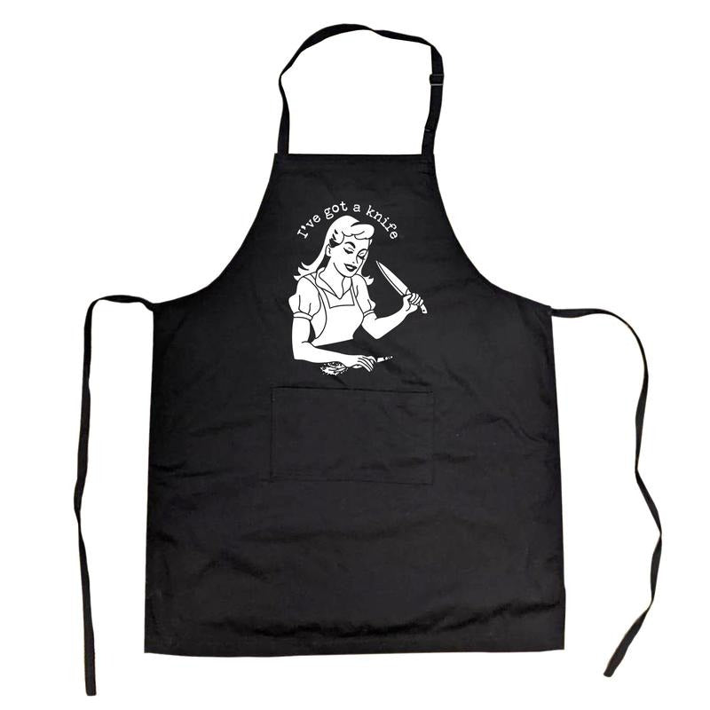 I've Got A Knife Cookout Apron Funny Baking Kitchen Novlety Smock Funny Aprons Mother's Day Apron Funny Food Cover Novelty Cooking Aprons for Men Black