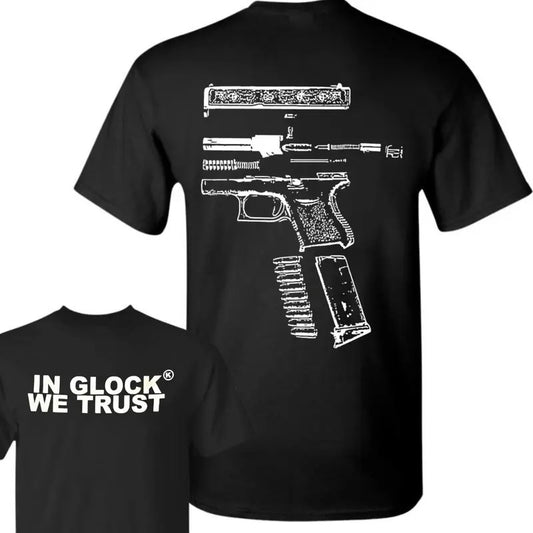 In Glock We Trust Double Side Black Version Shirt Menswear Top, New Design Cotton Unisex 2 Sides Shirt, Fulls Sizes, Full Colors, For Women, For Men