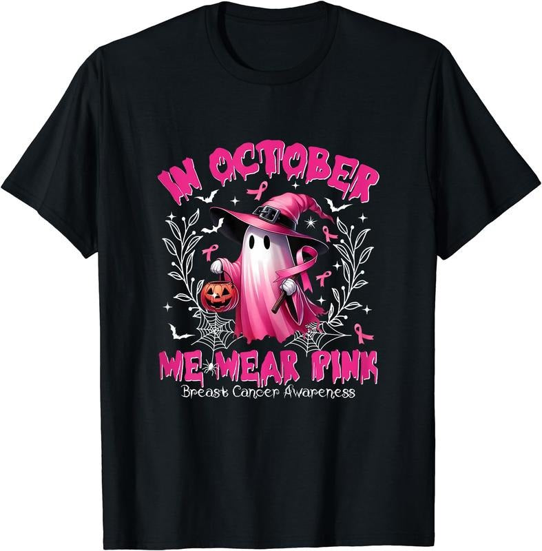 In October We Wear Pink Ghost Witch Breast Cancer Awareness T-Shirt | Unisex Cotton Tee, Short Sleeve, Size S-5XL
