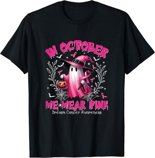 In October We Wear Pink Ghost Witch Breast Cancer Awareness T-Shirt | Unisex Cotton Tee, Short Sleeve, Size S-5XL
