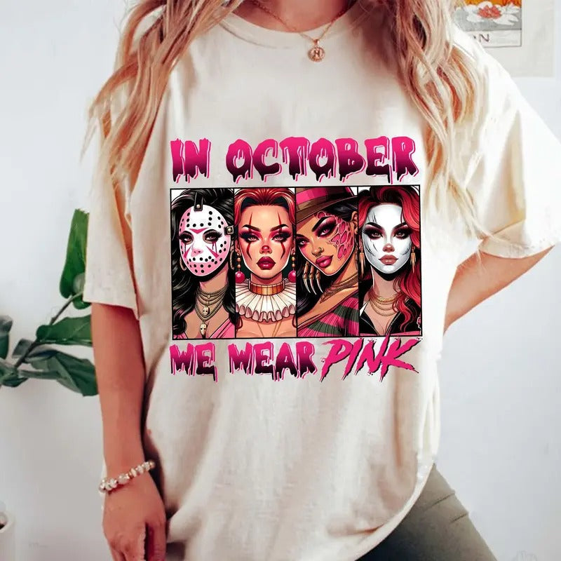 In October We Wear Pink Tshirt, Halloween Bad Girls Tshirt, Friend Horror, Friends Horror Characters, Unisex Short Sleeve Tee Shirt, Casual Clothing