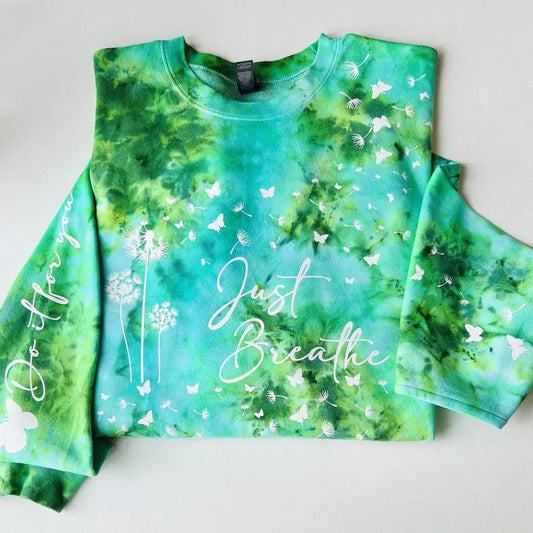 JUST BREATHE TIE DYE CREWNECK SWEATSHIRT UNISEX FIT SIZES Casual Cotton Soft - Spring Day Streetwear