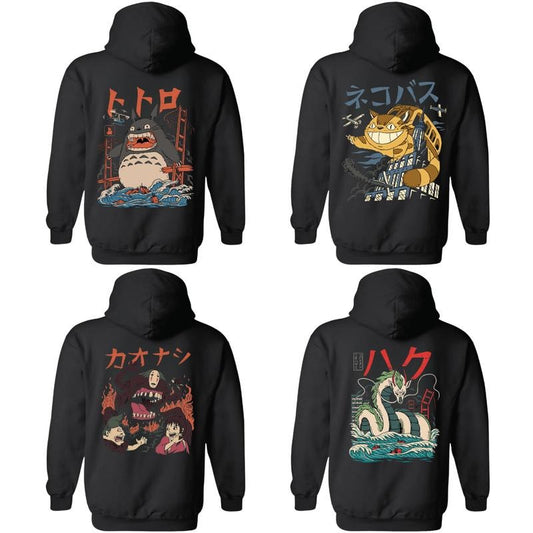 Japanese Anime Kaiju Hoodie - Catbus, Haku, No-Face & Totoro Monster Design, Ghibli Inspired Retro Urban Style Unisex Pullover Classic Cotton