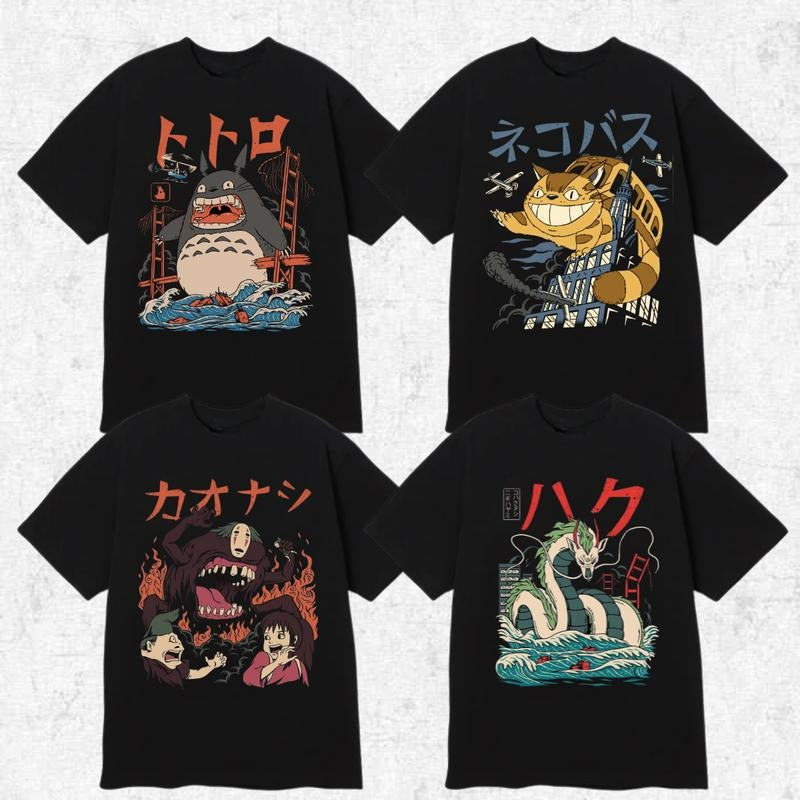 Japanese Anime Kaiju Tee - Catbus, Haku, No-Face & Totoro Monster Design, Ghibli Inspired Retro Urban Style Unisex Shirt