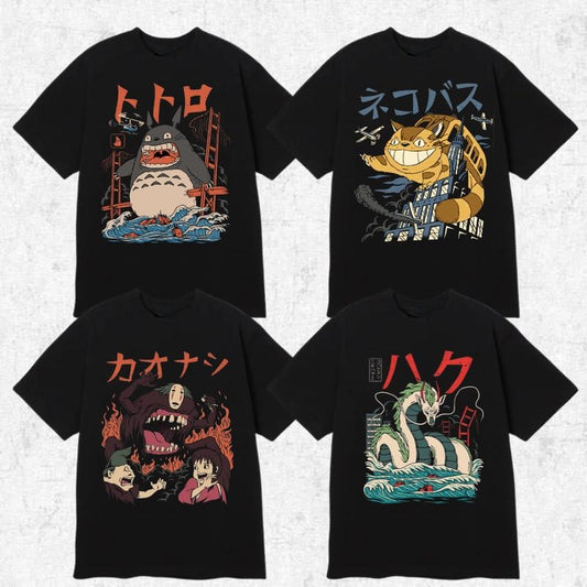 Japanese Anime Kaiju Tee - Catbus, Haku, No-Face & Totoro Monster Design, Ghibli Inspired Retro Urban Style Unisex Shirt