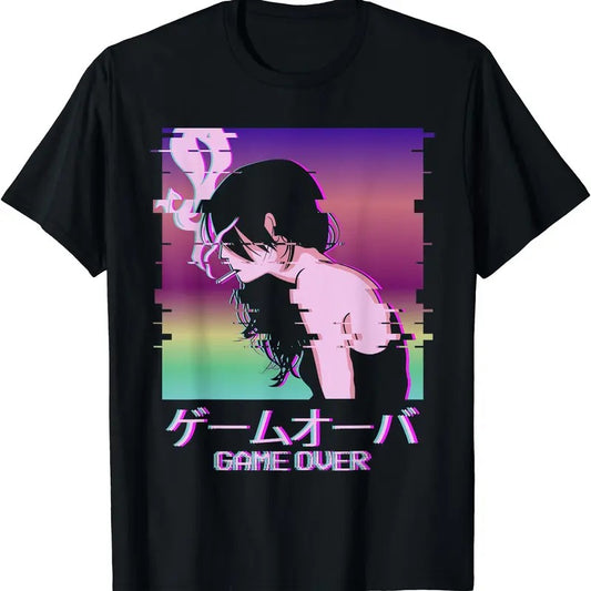 Japanese Vaporwave Sad Anime Girl Game Over Indie Aesthetic T-Shirt | Unisex Cotton Tee, Short Sleeve, Crewneck, Size S-5XL