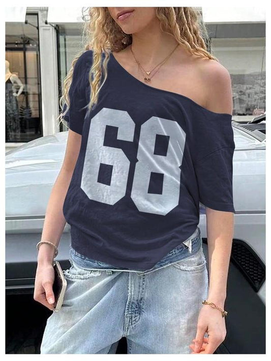 Jersey Y2K Graphic One Shoulder Number Print Streetwear T Shirts Short Sleeve Loose Casual Tee Tops