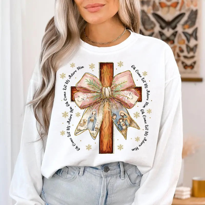 Jesus Christmas Coquette Bow Shirt, Christian Christmas Seatwer, Christmas Cross, Nativity Scene, Bible Verse, Pink Xmas Gift