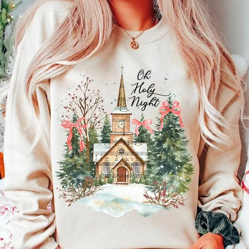 Jesus Christmas Sweatshirt, Coquette Christmas Tree Shirt, Oh Holy Night Shirt, Hand Drawn, Christian Christmas, Adore Him Hoodie