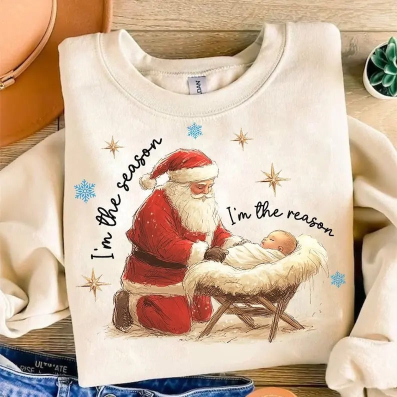 Jesus Is The Reason For The Season Sweatshirt, Christmas Season Shirt, Christmas Jesus Shirt, Santa and Jesus Christmas Hoodie, For Men, For Women