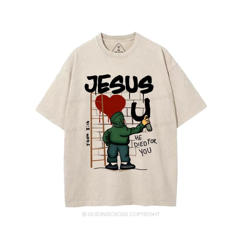 Jesus Loves You Christian T-Shirt Pure Cotton Fabric Casual Streetstyle Crew Neck Short Sleeve Soft-Washed T-Shirt Trendy Tops for Women for Men, Perfect Gift