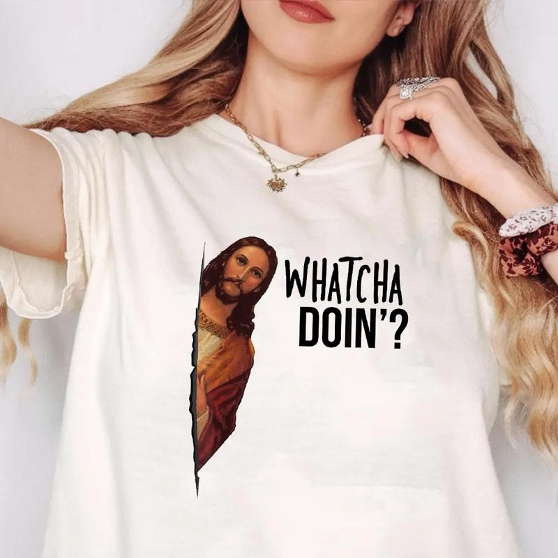 Jesus is Watching Funny T-Shirt Casual Style Crew Neck Short Sleeve T-Shirt Tops Trendy for Unisex