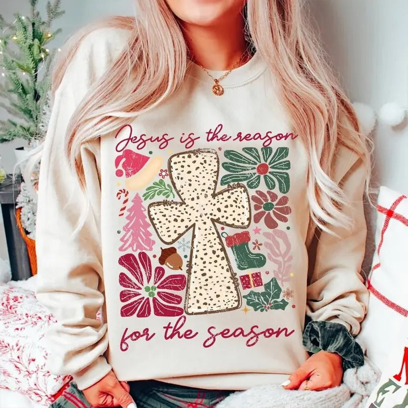 Jesus is the Reason for the Season Boho Floral Sweatshirt, Christian Christmas Jesus Cross Dalmatian Dots Tee