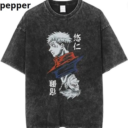 Jujutsu Kaisen T-shirt, Anime Jujutsu Kaisen Short Sleeve T-Shirt Washed Fabric Vintage Style Round Neck Cool Design Satoru Gojo Yuji Itadori Tshirt