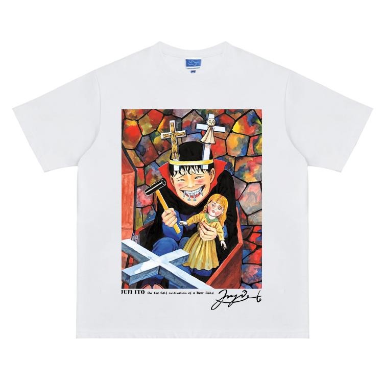 Junji Ito "Souichi" Heavyweight Vintage Tee 100% Cotton OVERSIZED Anime T-shirt Crew Necks Casual Wear Top Man White Streetwear Menswear Tshirt