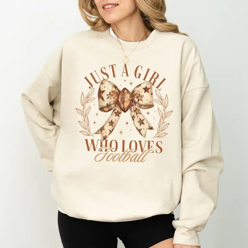 Just A Girl Who Loves Football Sweatshirt, Girly Coquette Bow Crewneck, Cute Football Crewneck for Girls, Fall Sports Sweater For Women, Game Day Tops for Women, Touchdown Season Sweatshirt, Comfy Long Sleeve Pullover, Women's Tops, Casual Womenswear