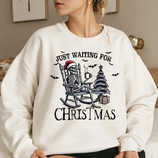 Just Waiting For Christmas Sweatshirt, Halloween Skeleton Sweater, Funny Halloween Crewneck, Skeleton Christmas Shirt, Spooky Season  T-shirt, sweater and Hoodie