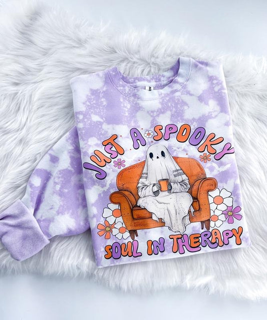 Just a Spooky Soul in Therapy Halloween Ghost Bleached Graphic Sweatshirt or Hoodie Unisex  Womenswear Crewneck Casual Tshirt Top
