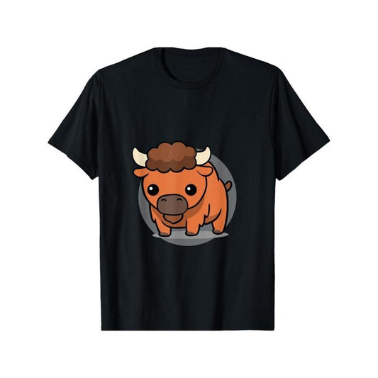 Kawaii Bison Cotton T-Shirt, Crew Neck, Casual Style, Slight Stretch, Geometric Pattern, Applique Detail, Knit Fabric, Regular Fit, for Sports, Cycling, Running & Workout, Four Seasons Made in USA