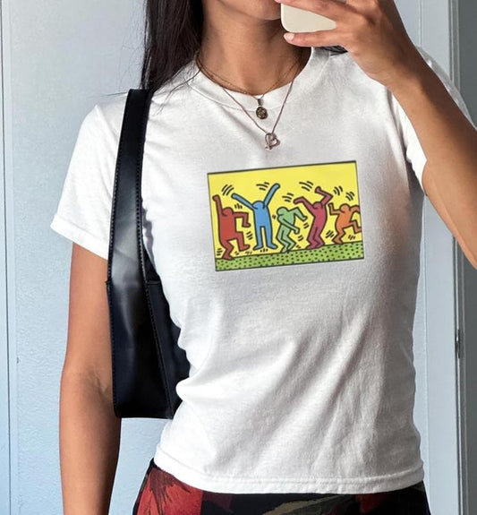 Keith Haring Dancing Baby Tee, Music Y2K Baby Tee, Music Festival Baby Tee, Keith Haring Dancing Tee Shirt, Aesthetic Baby Tee