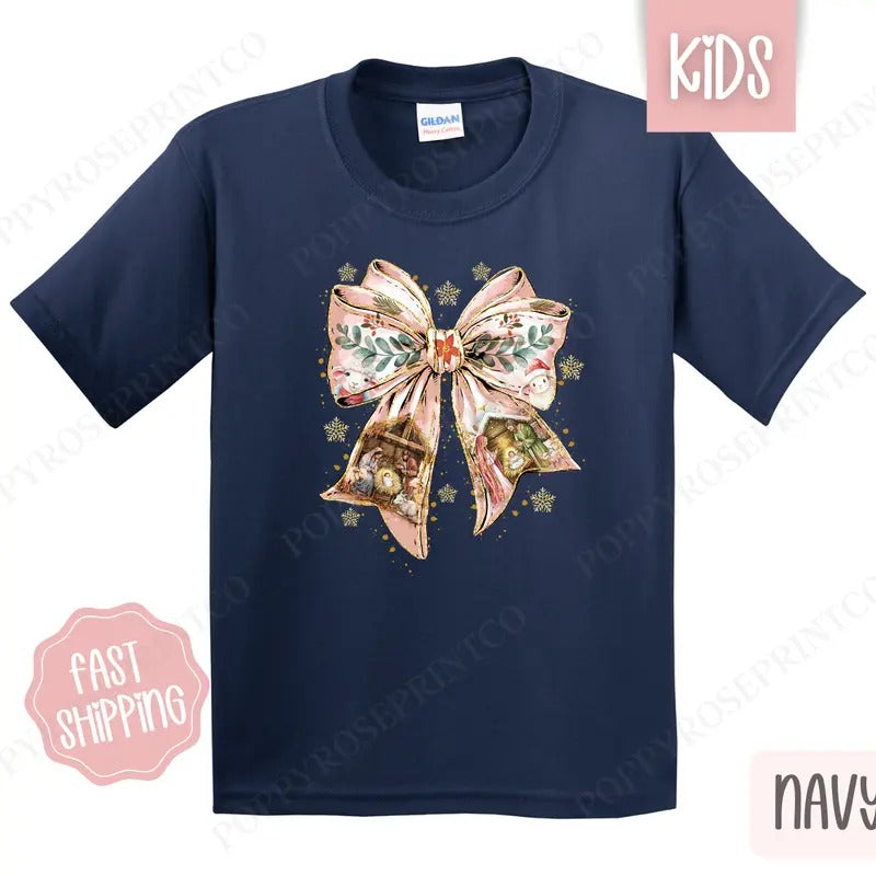 Kids Christmas Shirt - Nativity Bow Childrens Tshirt - Youth Holiday Tee Gildan